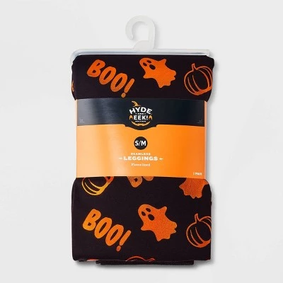 Women's Foil Printed "Boo!" Halloween Seamless Fleece Lined Leggings - Hyde & EEK! Boutique™ Black/Orange 1 Women's Foil Printed "Boo!" Halloween Seamless Fleece Lined Leggings - Hyde & EEK! Boutique™ Black/Orange