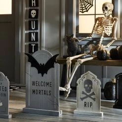 Hyde & EEK! Boutique Wood Cream 'Welcome Mortals' with Bat Halloween Decorative Tombstone - Hyde & EEK! Boutique™